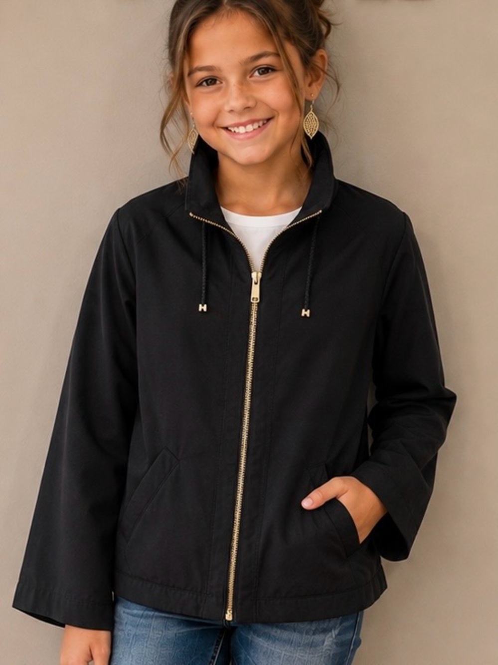 Apostrophe Black Gold-Zip Kids Jacket EUC Girls Lg 10/12